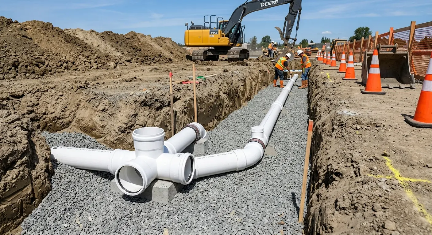 New PVC sewer pipe installation in open trench for Commercial Drain Cleaning in Kenilworth