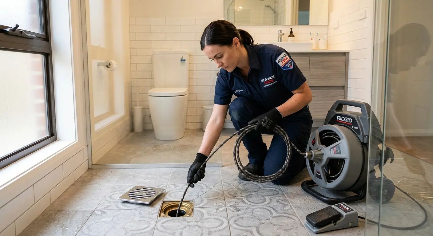 Technician clearing a bathroom floor drain for Sewer Line Replacement in Kenilworth